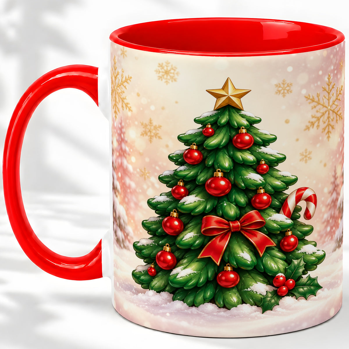 Classic Christmas Tree Accent Ceramic Mug, Red Ornament Art