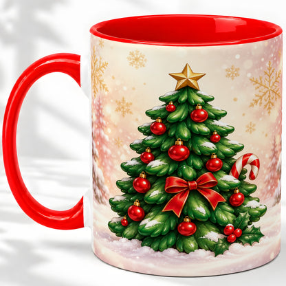 Classic Christmas Tree Accent Ceramic Mug, Red Ornament Art