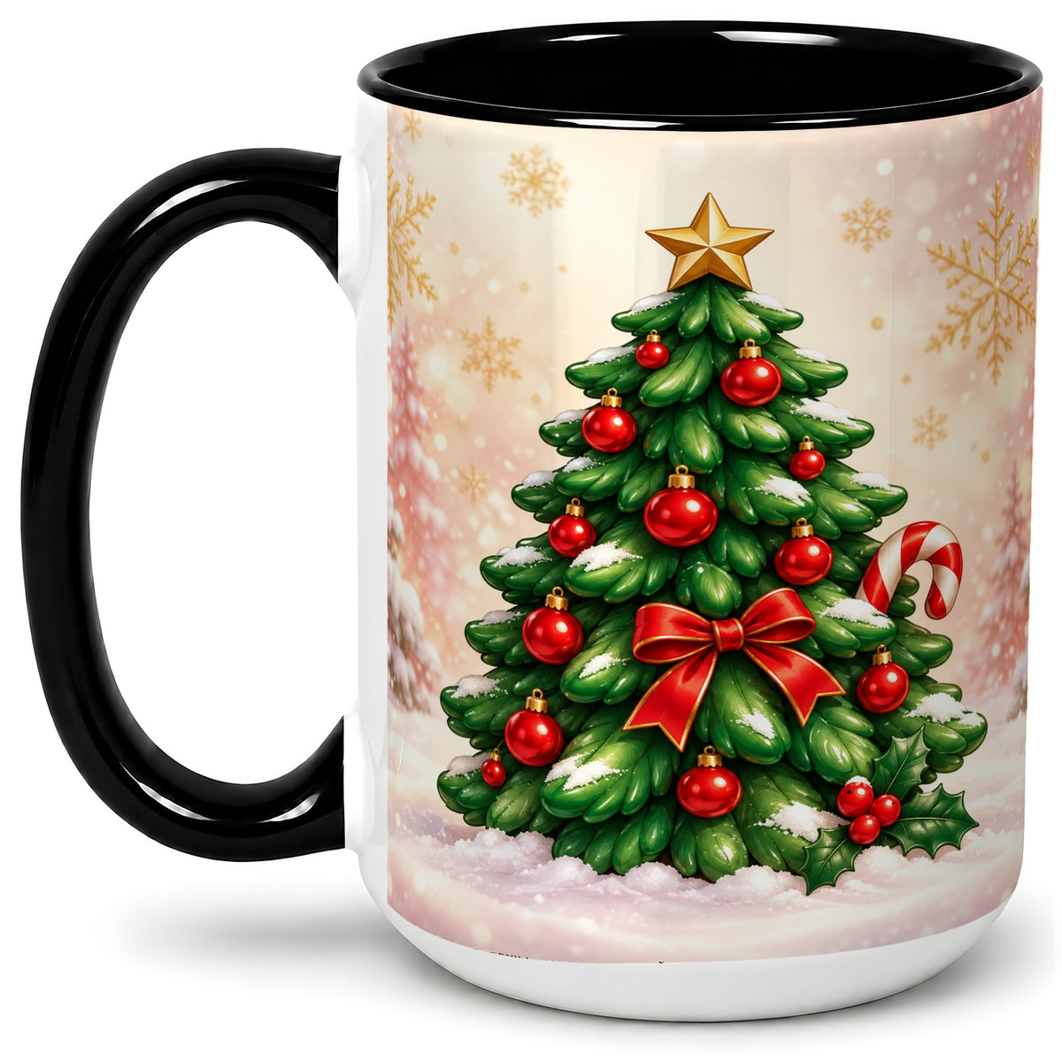 #pl[15oz|Black] Classic Christmas Tree Accent Ceramic Mug, Red Ornament Art