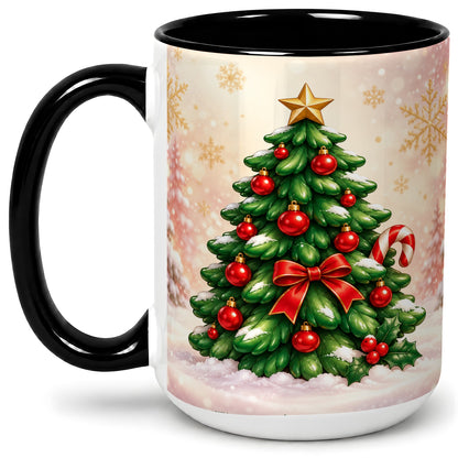 #pl[15oz|Black] Classic Christmas Tree Accent Ceramic Mug, Red Ornament Art
