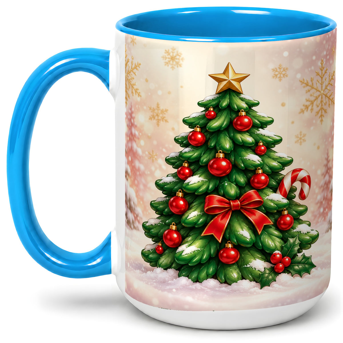 #pl[15oz|Blue] Classic Christmas Tree Accent Ceramic Mug, Red Ornament Art