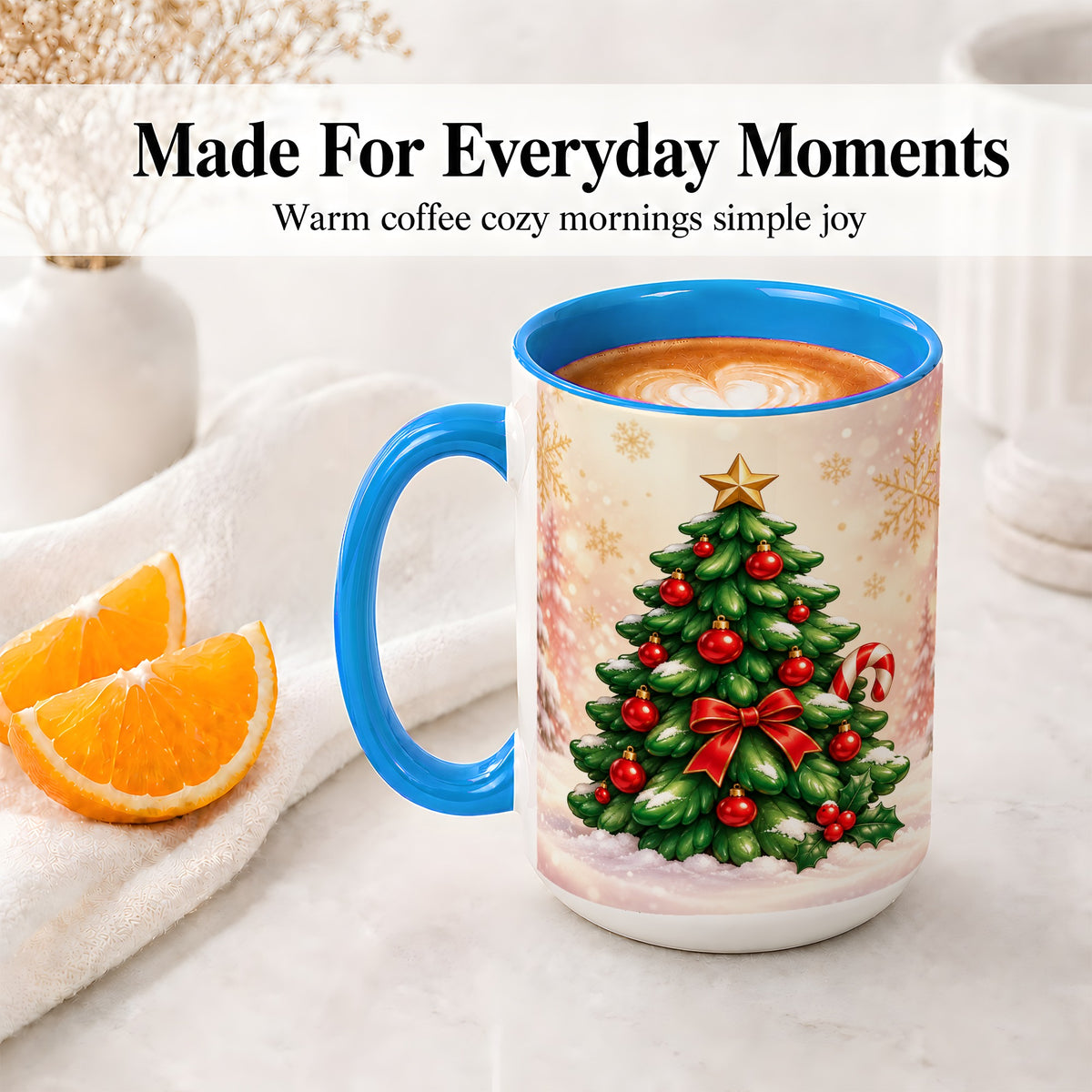 #pl[15oz|Blue] Classic Christmas Tree Accent Ceramic Mug, Red Ornament Art