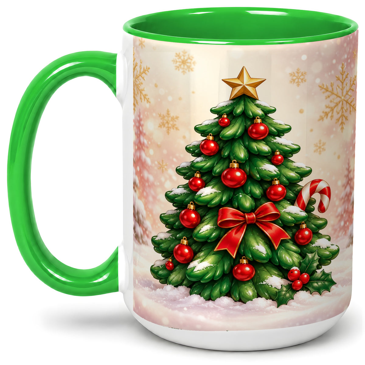 #pl[15oz|Green] Classic Christmas Tree Accent Ceramic Mug, Red Ornament Art