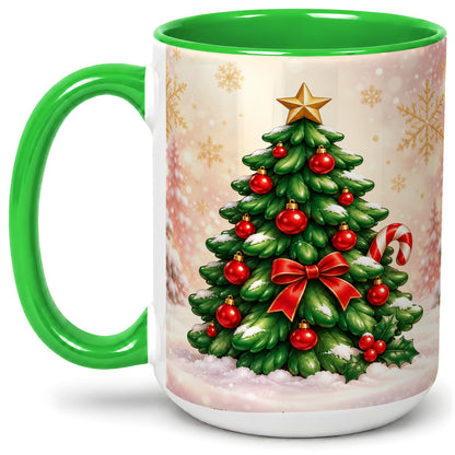 #pl[15oz|Green] Classic Christmas Tree Accent Ceramic Mug, Red Ornament Art