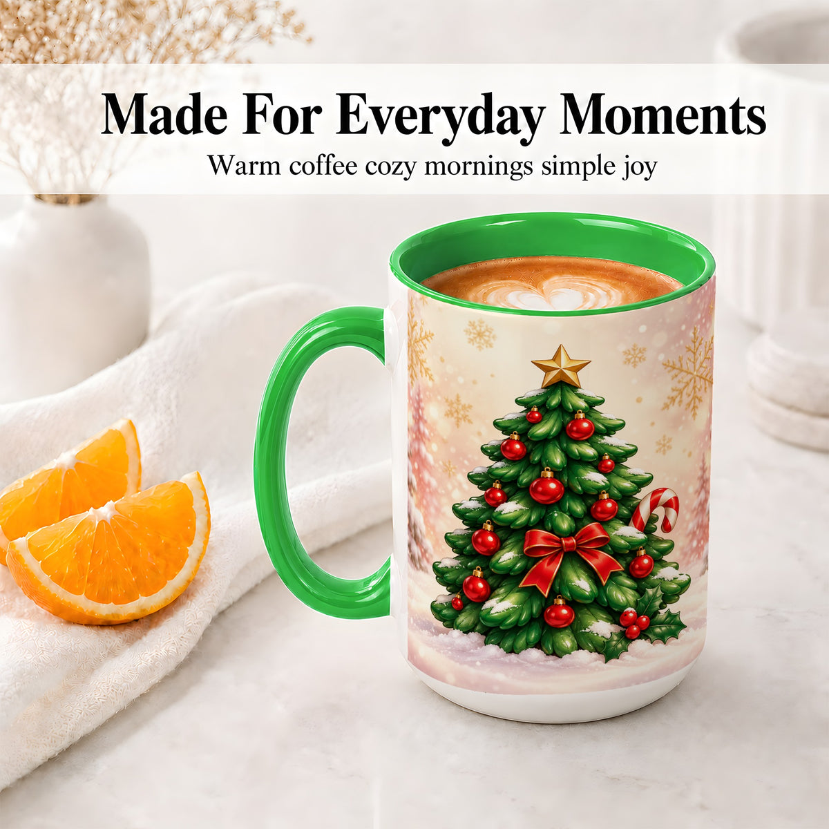 #pl[15oz|Green] Classic Christmas Tree Accent Ceramic Mug, Red Ornament Art