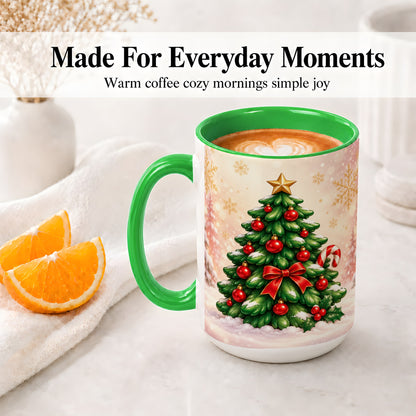 #pl[15oz|Green] Classic Christmas Tree Accent Ceramic Mug, Red Ornament Art
