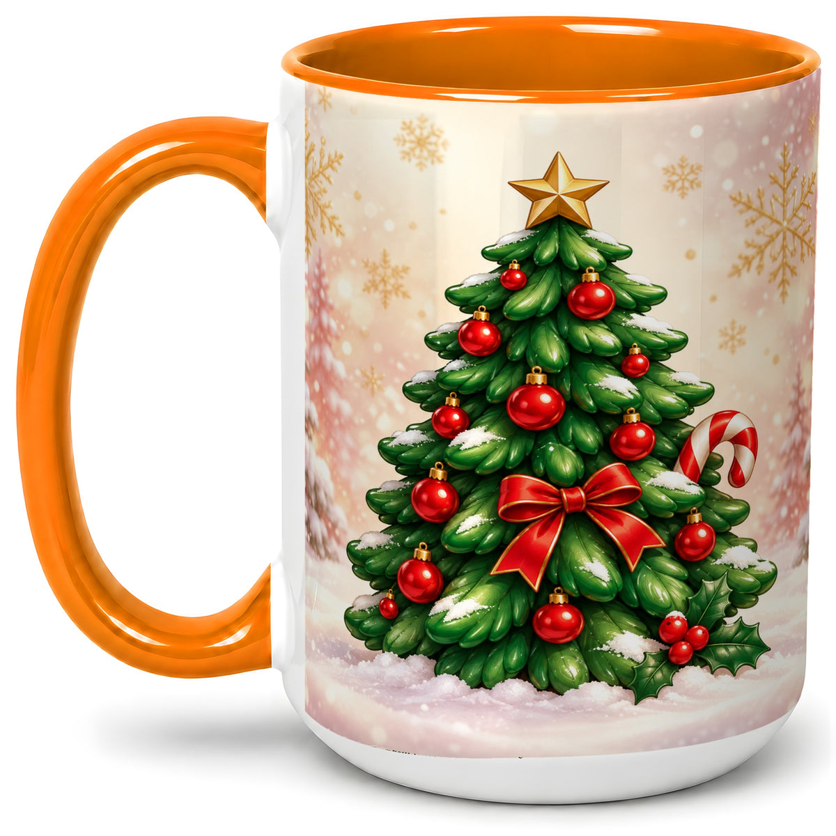 #pl[15oz|Orange] Classic Christmas Tree Accent Ceramic Mug, Red Ornament Art