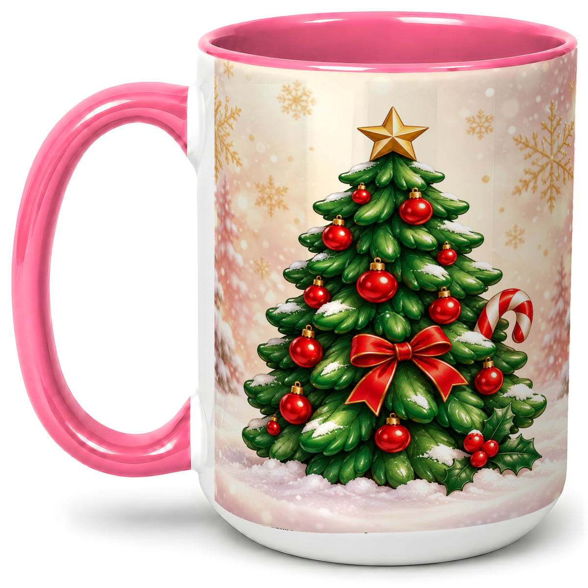 #pl[15oz|Pink] Classic Christmas Tree Accent Ceramic Mug, Red Ornament Art