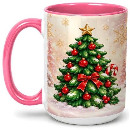 #pl[15oz|Pink] Classic Christmas Tree Accent Ceramic Mug, Red Ornament Art