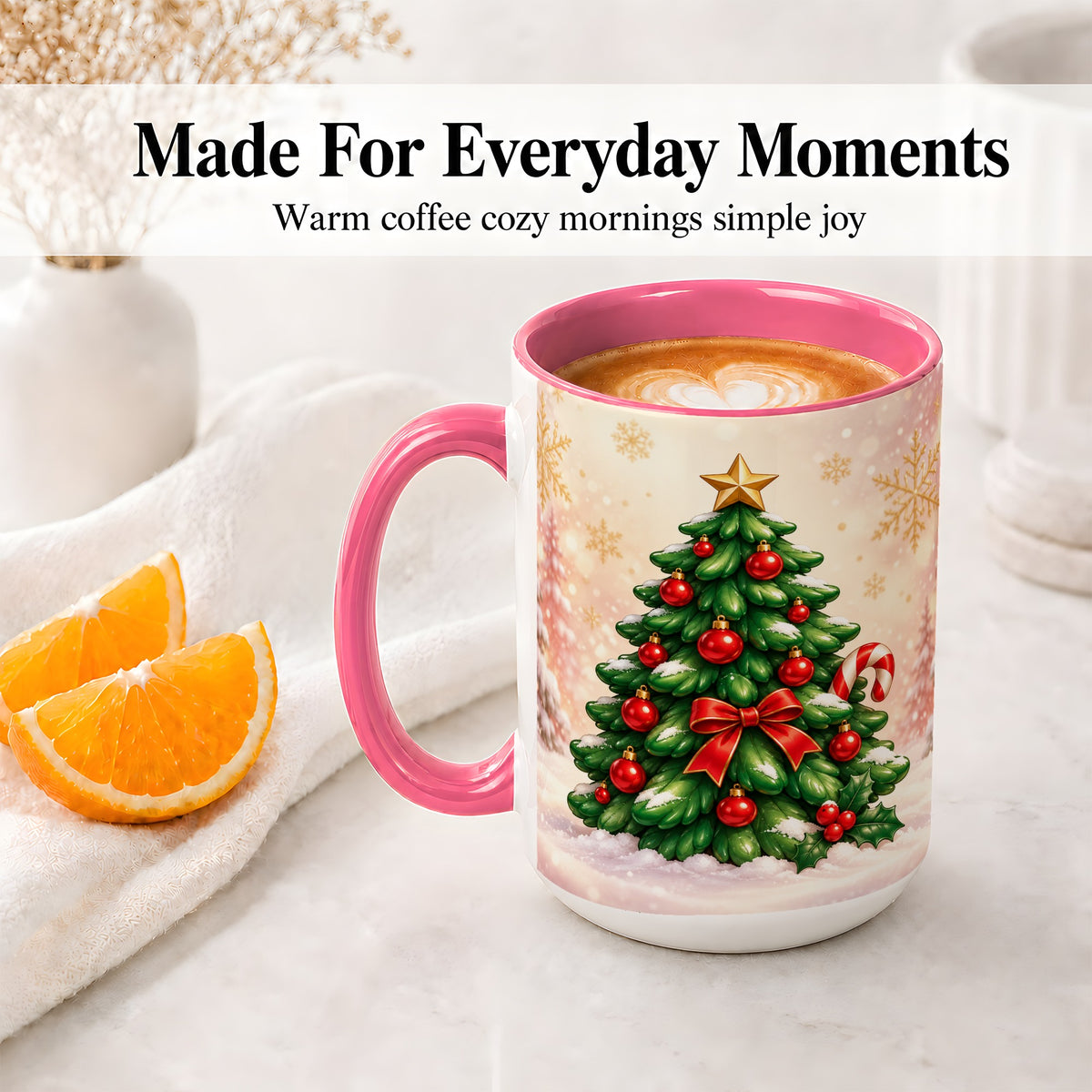 #pl[15oz|Pink] Classic Christmas Tree Accent Ceramic Mug, Red Ornament Art