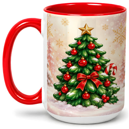 #pl[15oz|Red] Classic Christmas Tree Accent Ceramic Mug, Red Ornament Art