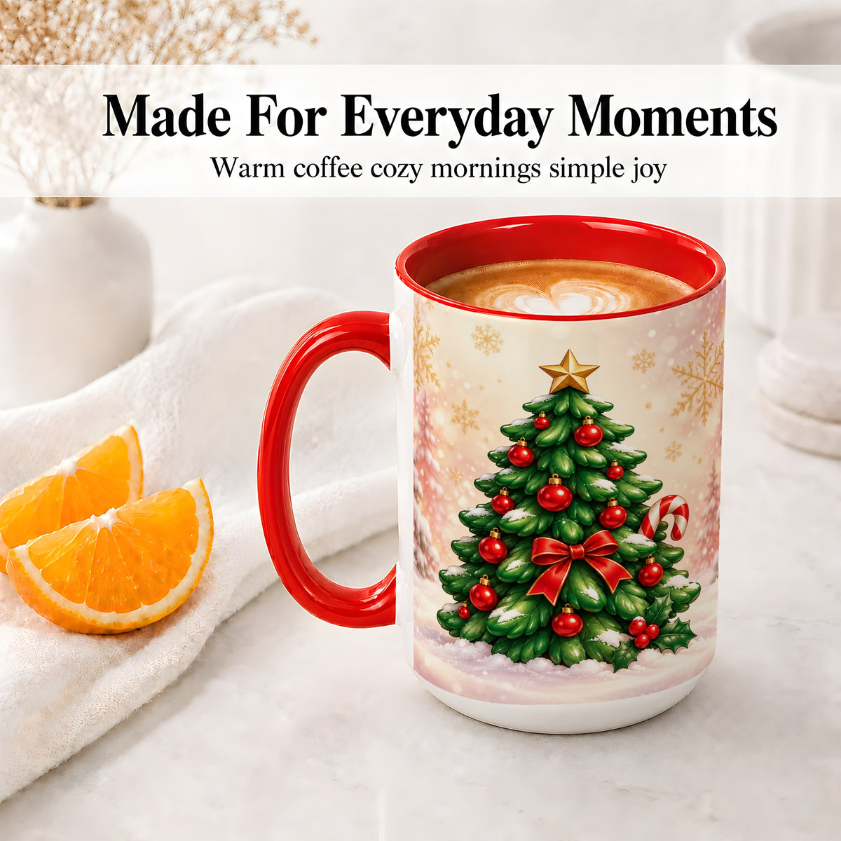 #pl[15oz|Red] Classic Christmas Tree Accent Ceramic Mug, Red Ornament Art