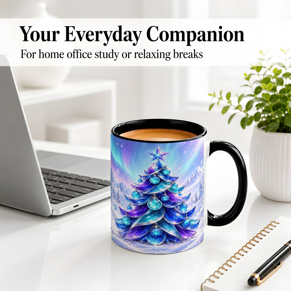 #pl[11oz|Black] Crystal Christmas Tree Accent Ceramic Mug, Aurora Winter Art