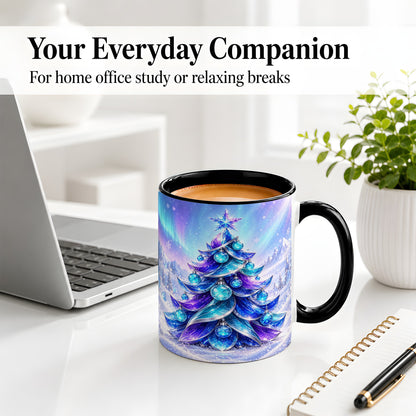#pl[11oz|Black] Crystal Christmas Tree Accent Ceramic Mug, Aurora Winter Art