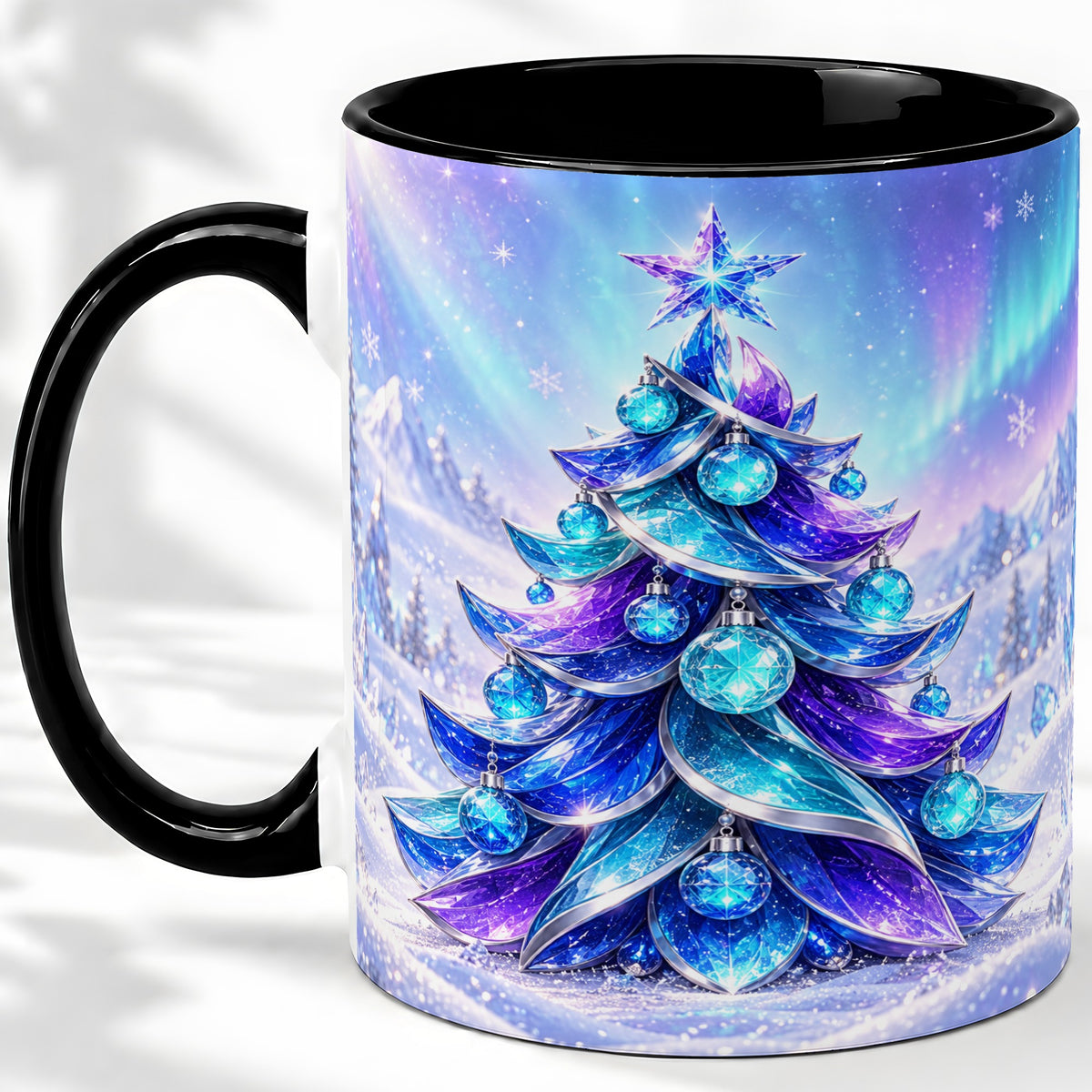 #pl[11oz|Black] Crystal Christmas Tree Accent Ceramic Mug, Aurora Winter Art