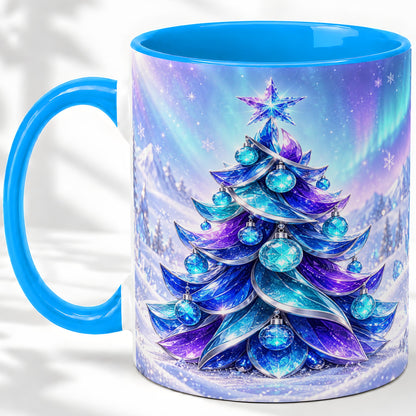 #pl[11oz|Blue] Crystal Christmas Tree Accent Ceramic Mug, Aurora Winter Art