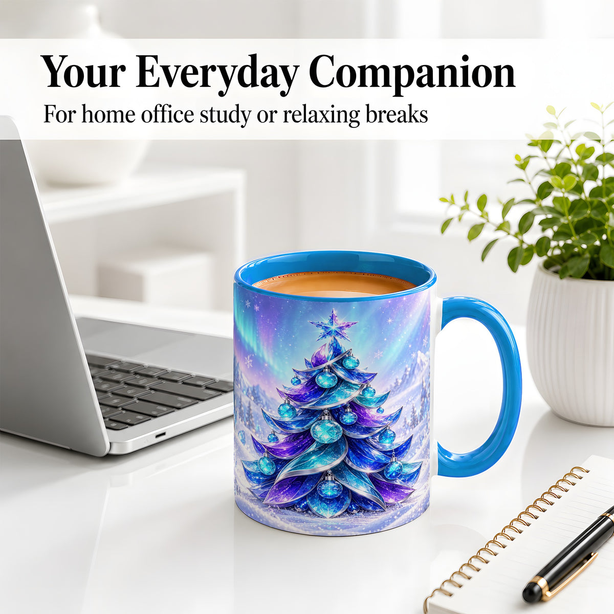 #pl[11oz|Blue] Crystal Christmas Tree Accent Ceramic Mug, Aurora Winter Art