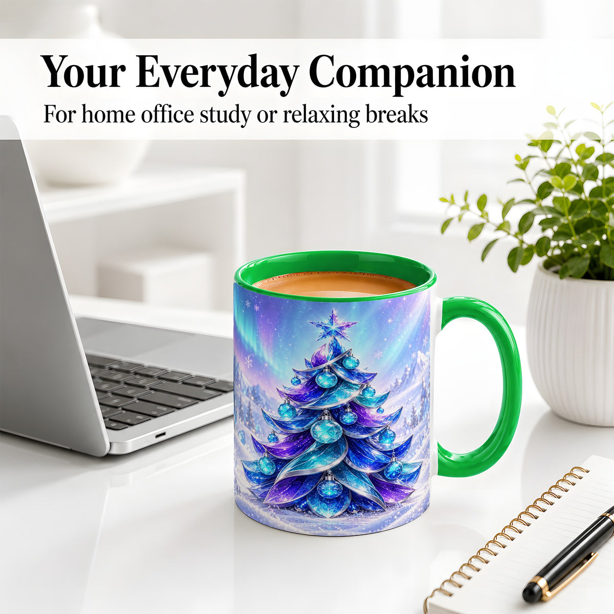 #pl[11oz|Green] Crystal Christmas Tree Accent Ceramic Mug, Aurora Winter Art