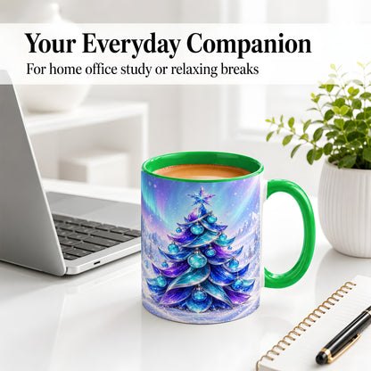 #pl[11oz|Green] Crystal Christmas Tree Accent Ceramic Mug, Aurora Winter Art