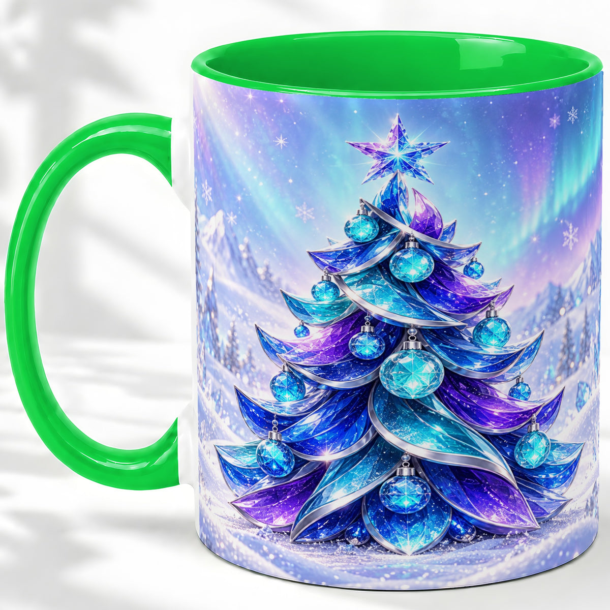 #pl[11oz|Green] Crystal Christmas Tree Accent Ceramic Mug, Aurora Winter Art