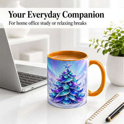 #pl[11oz|Orange] Crystal Christmas Tree Accent Ceramic Mug, Aurora Winter Art