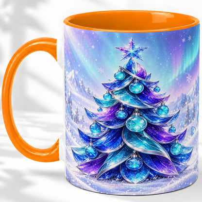 #pl[11oz|Orange] Crystal Christmas Tree Accent Ceramic Mug, Aurora Winter Art