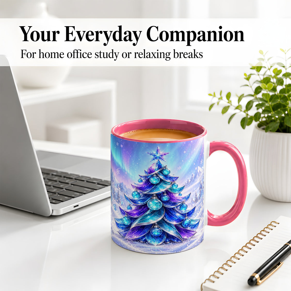 #pl[11oz|Pink] Crystal Christmas Tree Accent Ceramic Mug, Aurora Winter Art