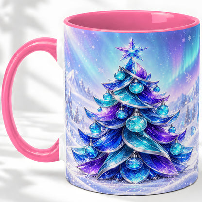 #pl[11oz|Pink] Crystal Christmas Tree Accent Ceramic Mug, Aurora Winter Art