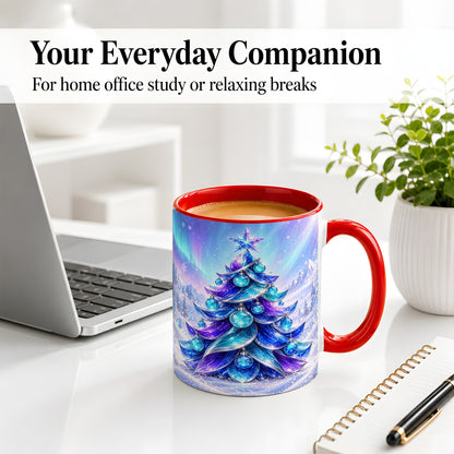 #pl[11oz|Red] Crystal Christmas Tree Accent Ceramic Mug, Aurora Winter Art