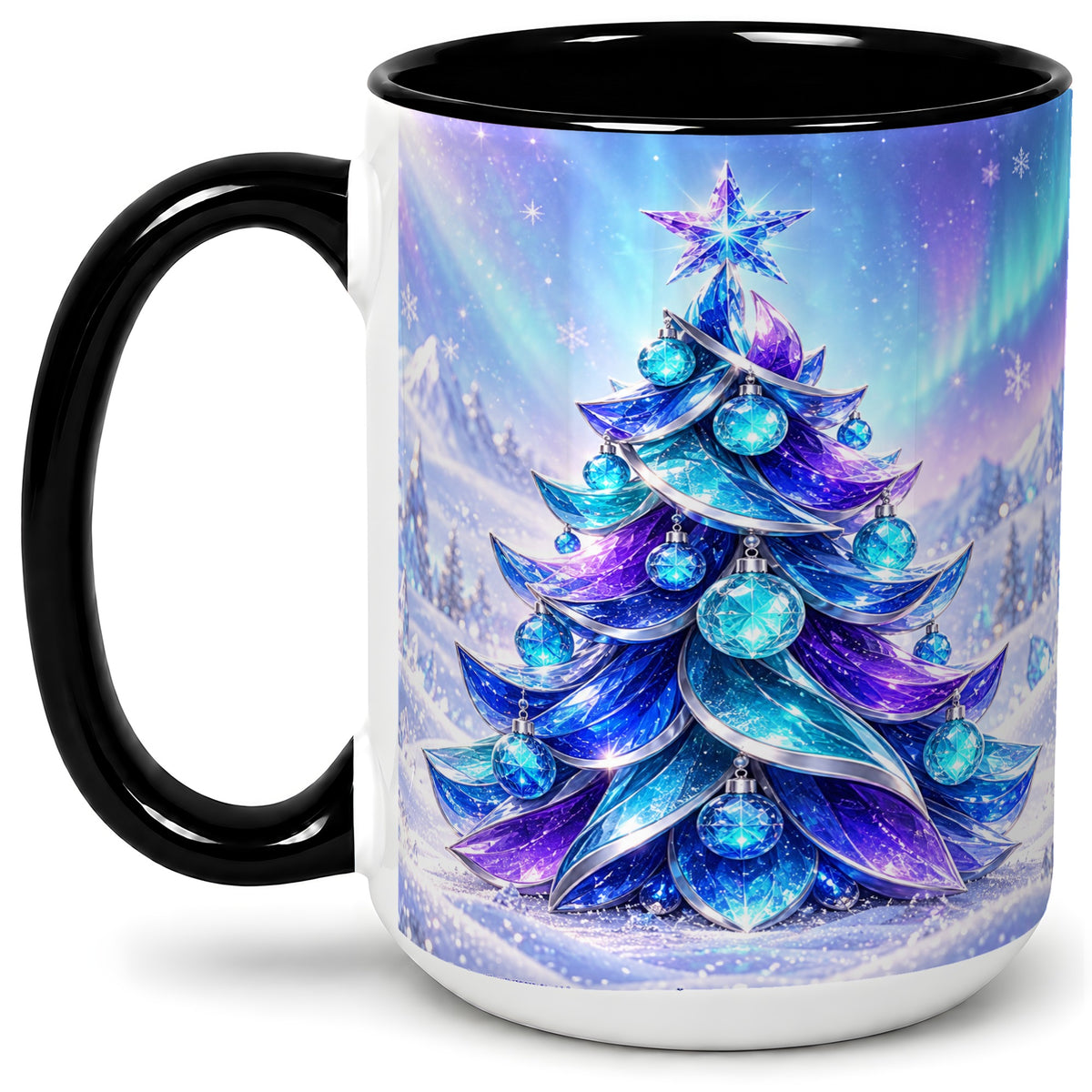 #pl[15oz|Black] Crystal Christmas Tree Accent Ceramic Mug, Aurora Winter Art