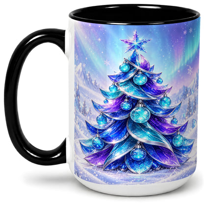 #pl[15oz|Black] Crystal Christmas Tree Accent Ceramic Mug, Aurora Winter Art