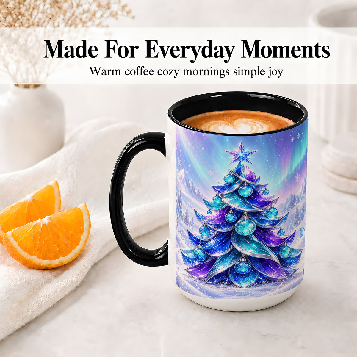 #pl[15oz|Black] Crystal Christmas Tree Accent Ceramic Mug, Aurora Winter Art