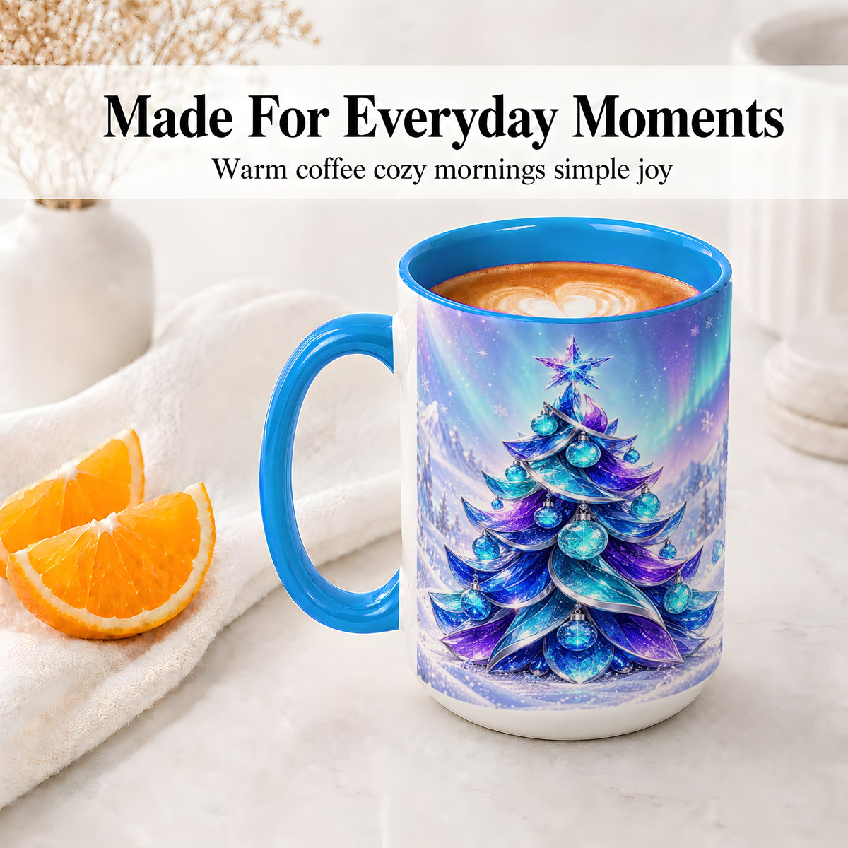 #pl[15oz|Blue] Crystal Christmas Tree Accent Ceramic Mug, Aurora Winter Art