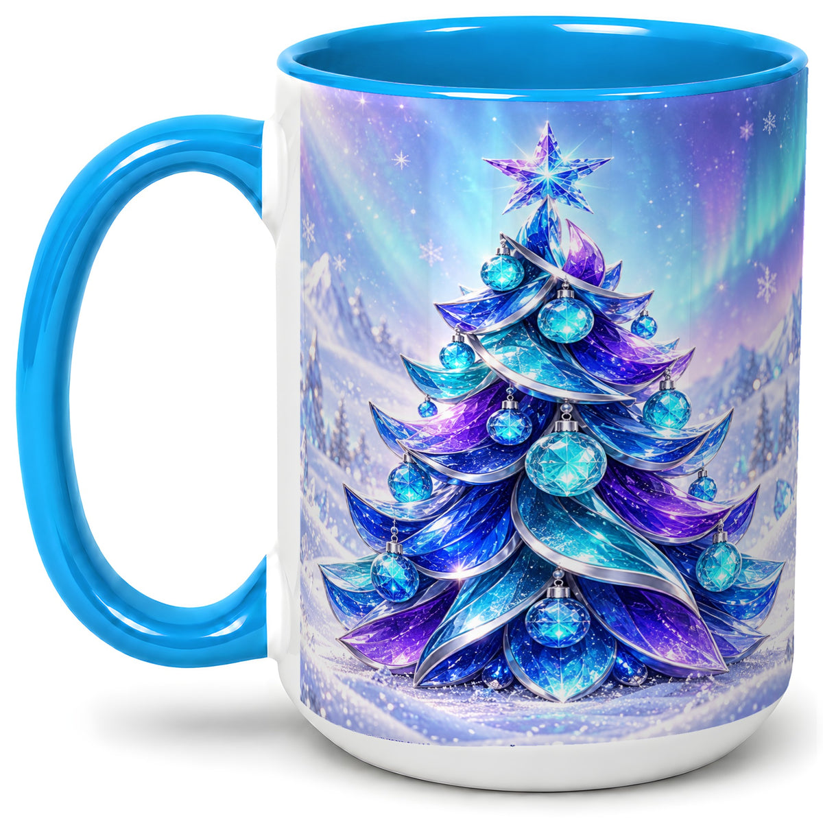 #pl[15oz|Blue] Crystal Christmas Tree Accent Ceramic Mug, Aurora Winter Art