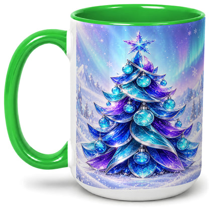 #pl[15oz|Green] Crystal Christmas Tree Accent Ceramic Mug, Aurora Winter Art