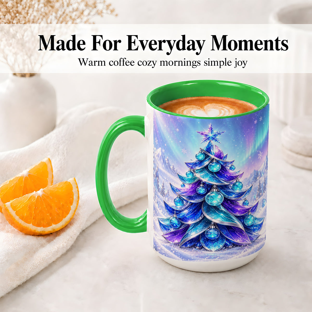 #pl[15oz|Green] Crystal Christmas Tree Accent Ceramic Mug, Aurora Winter Art