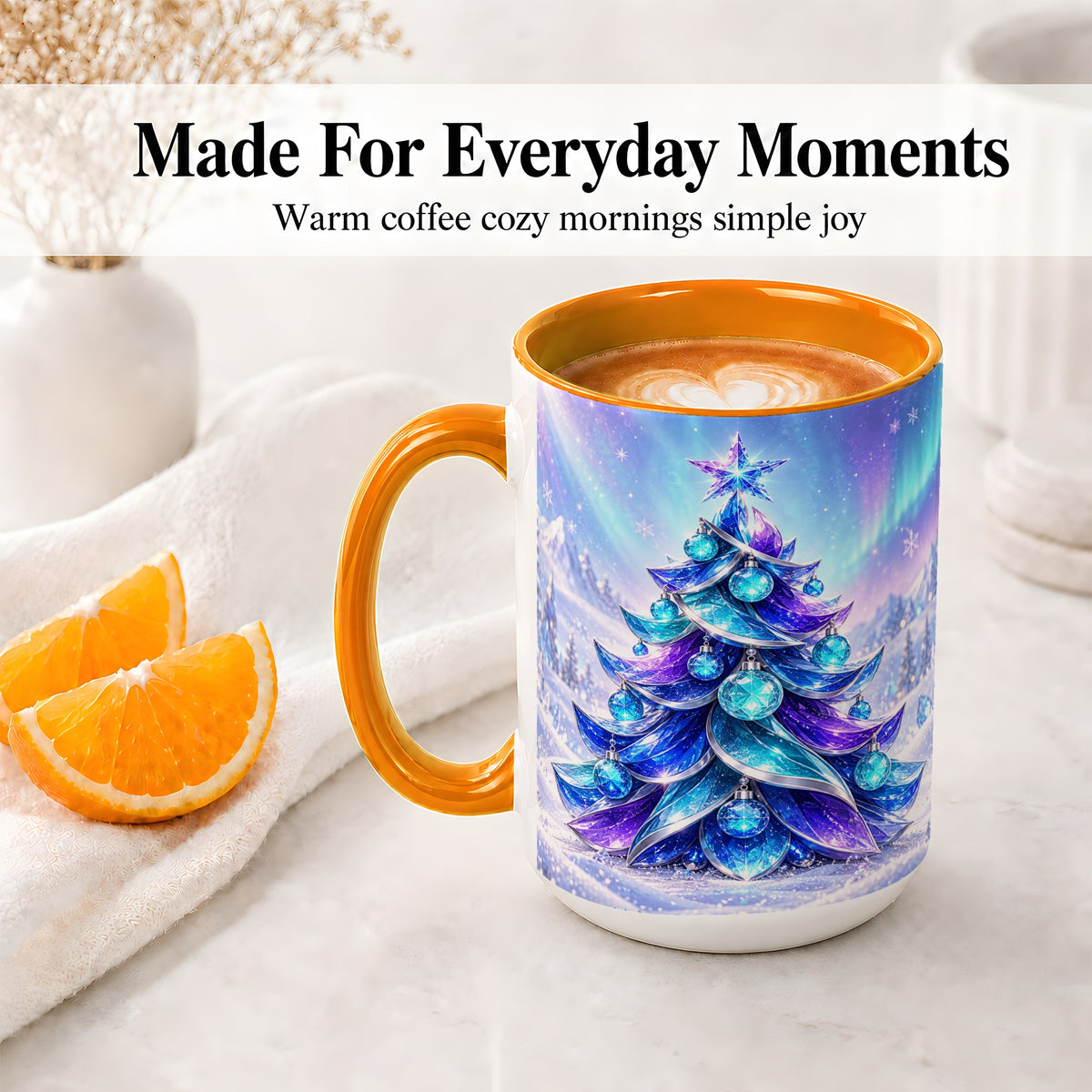 #pl[15oz|Orange] Crystal Christmas Tree Accent Ceramic Mug, Aurora Winter Art