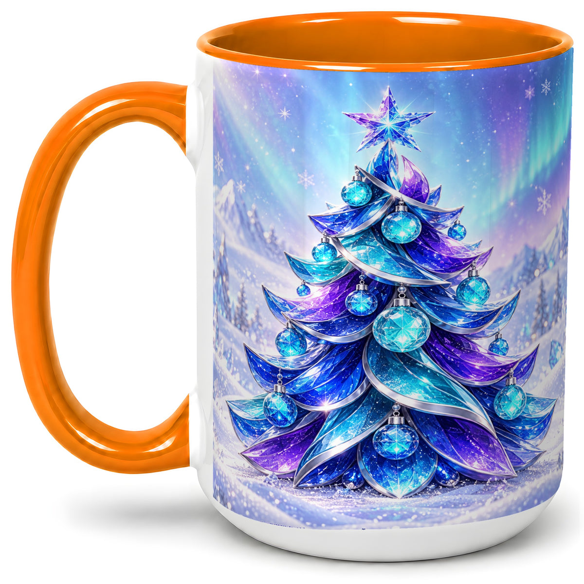 #pl[15oz|Orange] Crystal Christmas Tree Accent Ceramic Mug, Aurora Winter Art