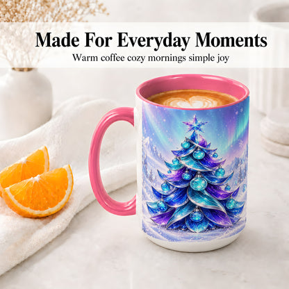 #pl[15oz|Pink] Crystal Christmas Tree Accent Ceramic Mug, Aurora Winter Art