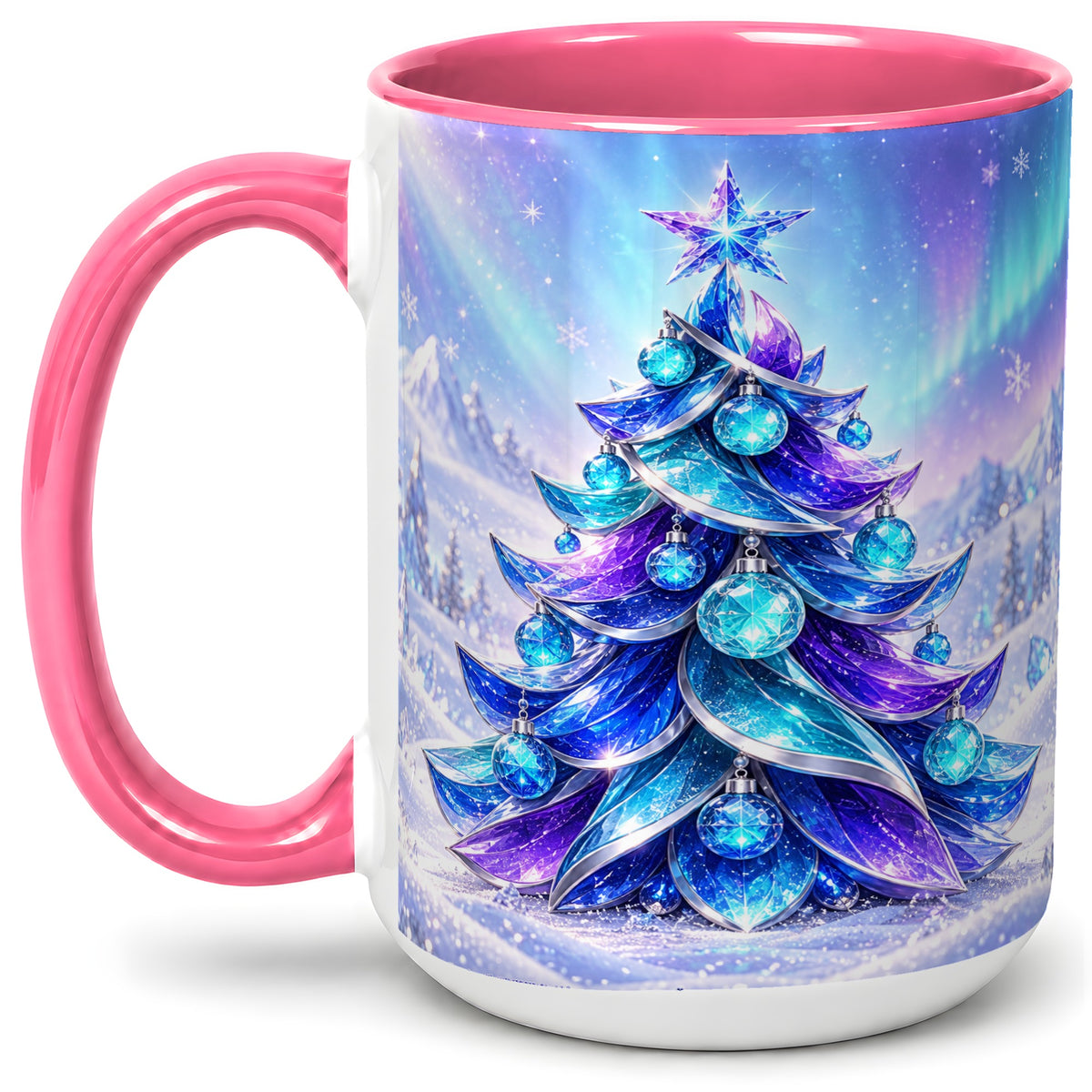 #pl[15oz|Pink] Crystal Christmas Tree Accent Ceramic Mug, Aurora Winter Art