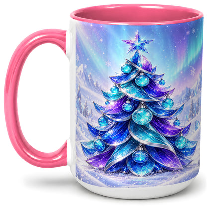 #pl[15oz|Pink] Crystal Christmas Tree Accent Ceramic Mug, Aurora Winter Art