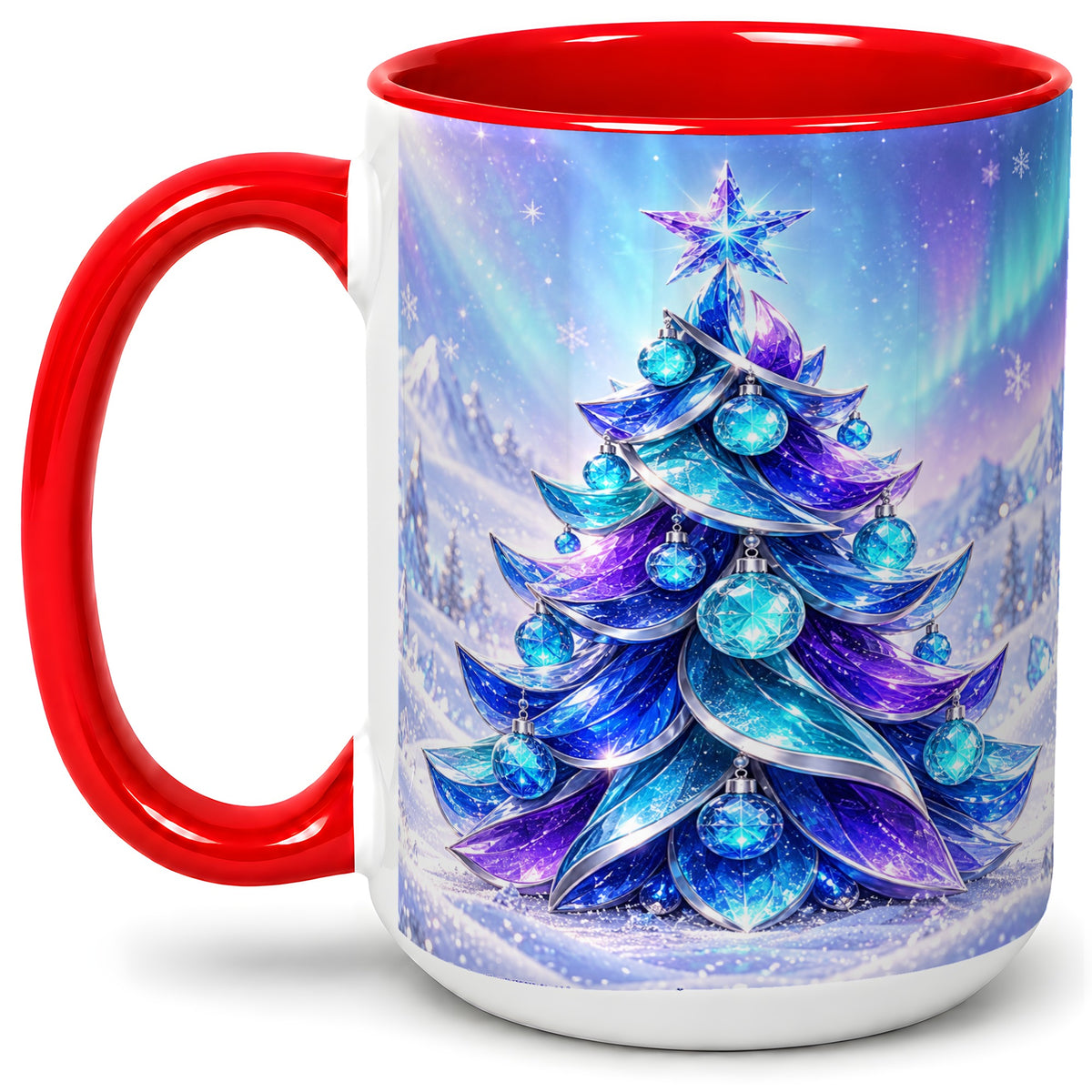#pl[15oz|Red] Crystal Christmas Tree Accent Ceramic Mug, Aurora Winter Art