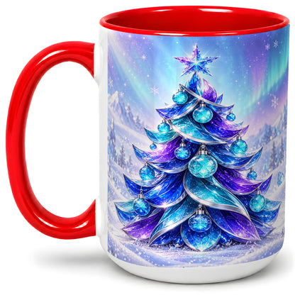 #pl[15oz|Red] Crystal Christmas Tree Accent Ceramic Mug, Aurora Winter Art