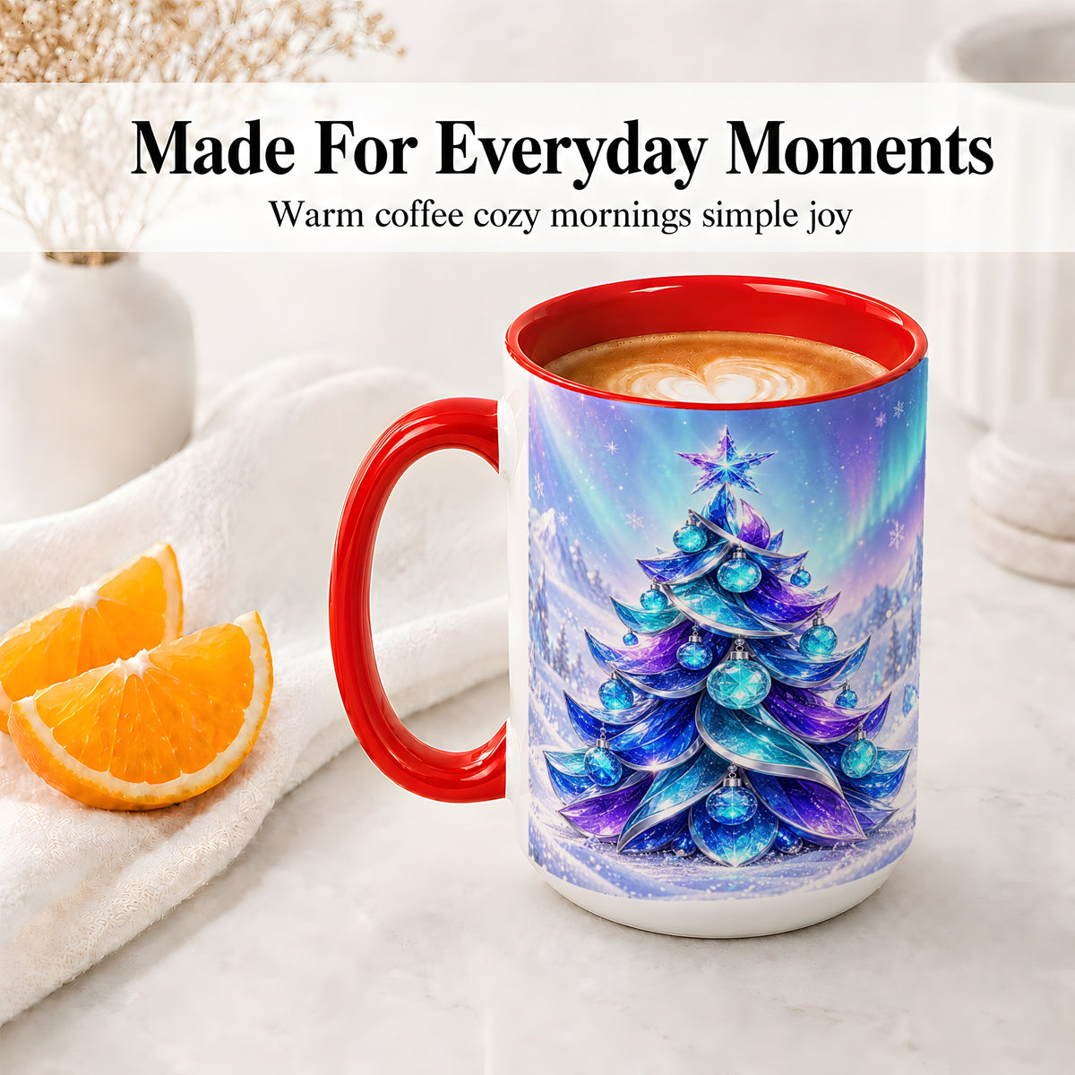 #pl[15oz|Red] Crystal Christmas Tree Accent Ceramic Mug, Aurora Winter Art