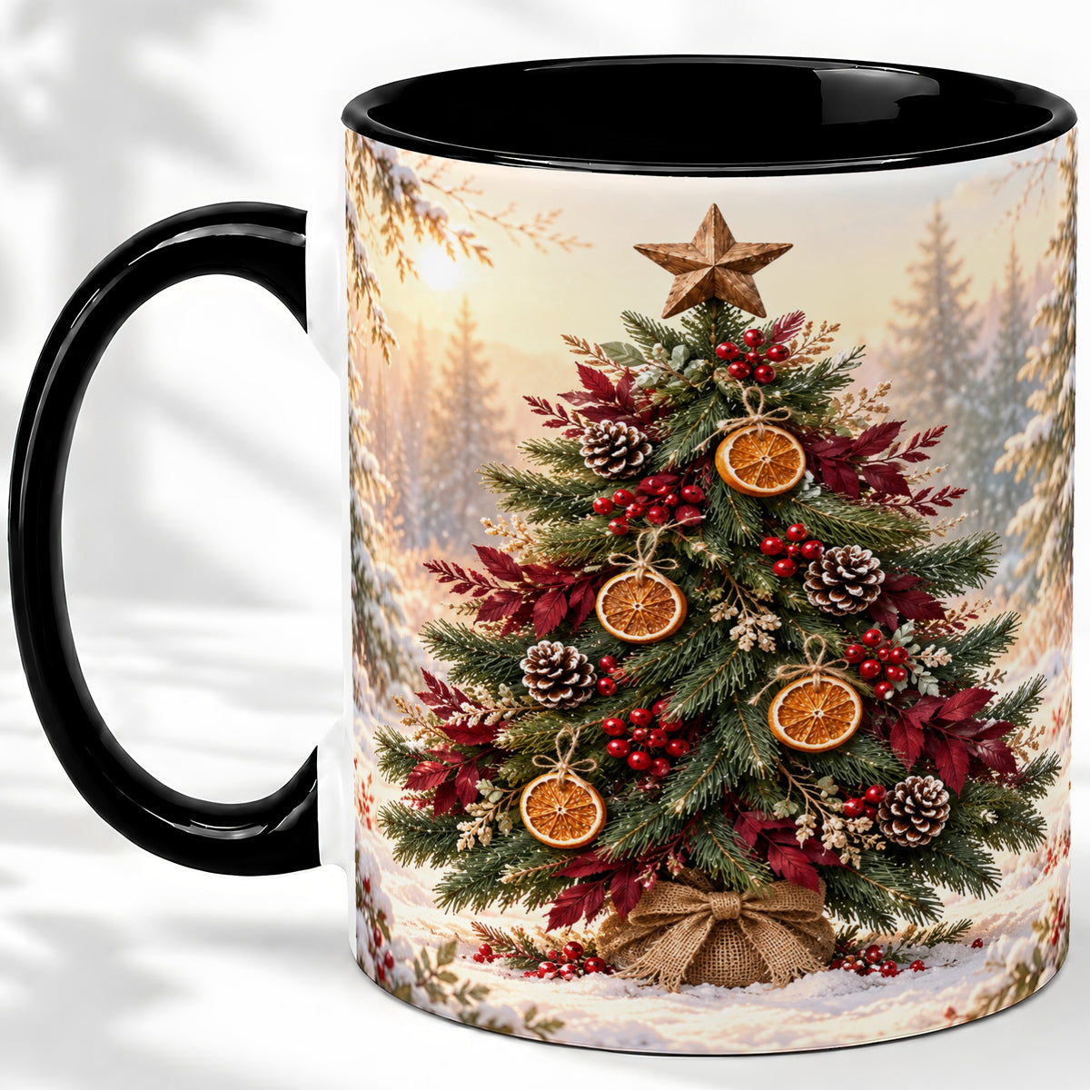 #pl[11oz|Black] Rustic Christmas Tree Accent Ceramic Mug, Orange Pinecone Art