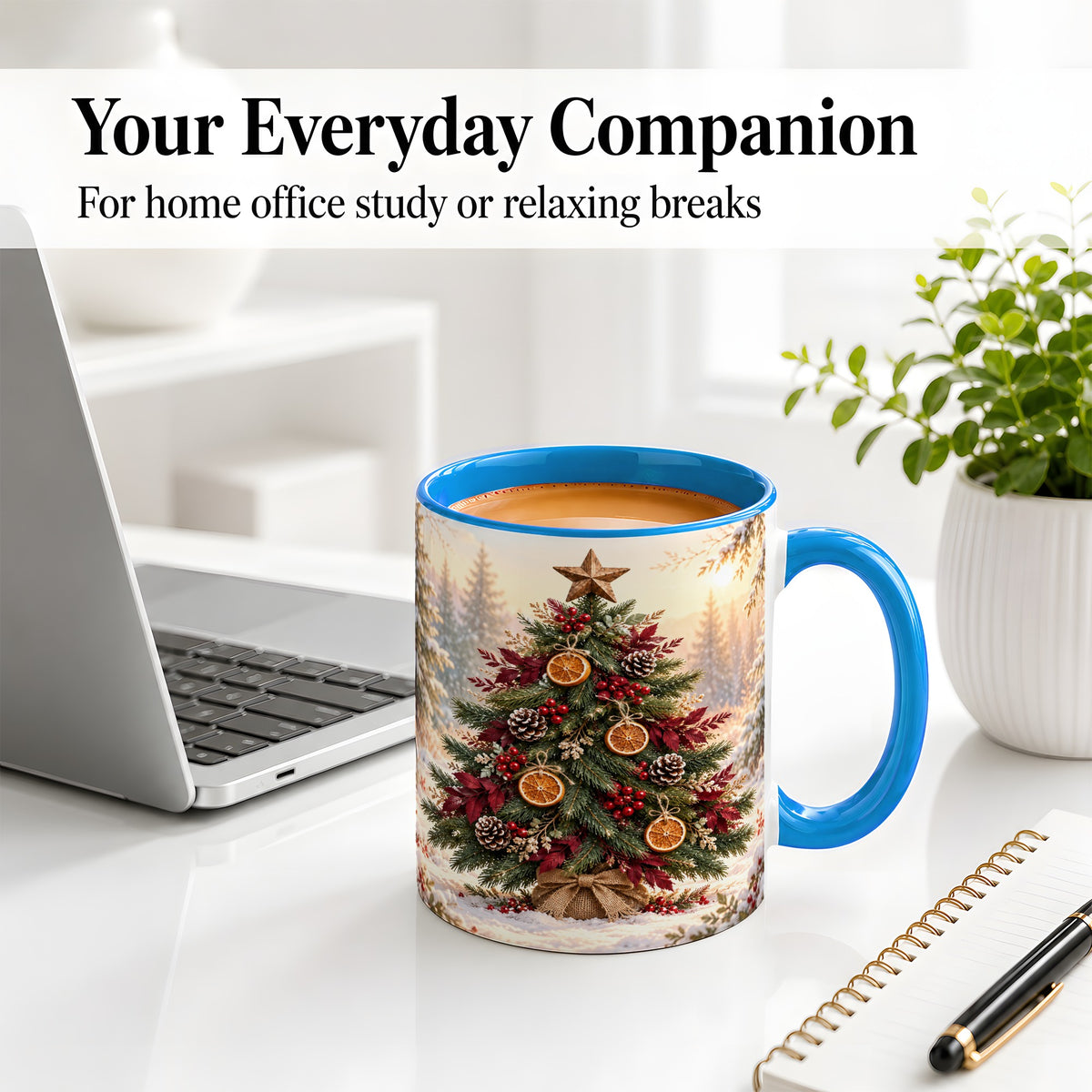 #pl[11oz|Blue] Rustic Christmas Tree Accent Ceramic Mug, Orange Pinecone Art