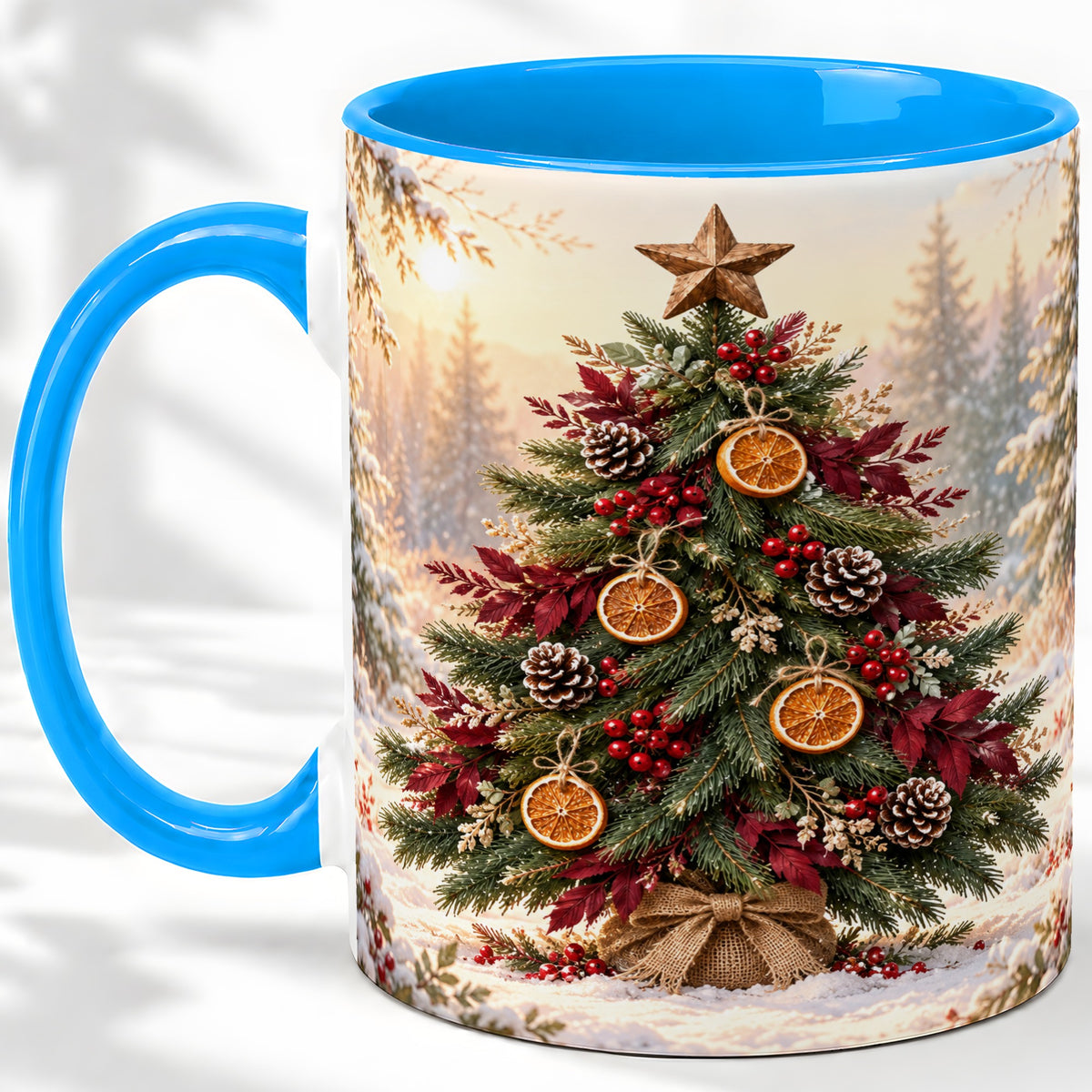 #pl[11oz|Blue] Rustic Christmas Tree Accent Ceramic Mug, Orange Pinecone Art