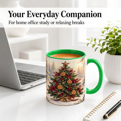 #pl[11oz|Green] Rustic Christmas Tree Accent Ceramic Mug, Orange Pinecone Art