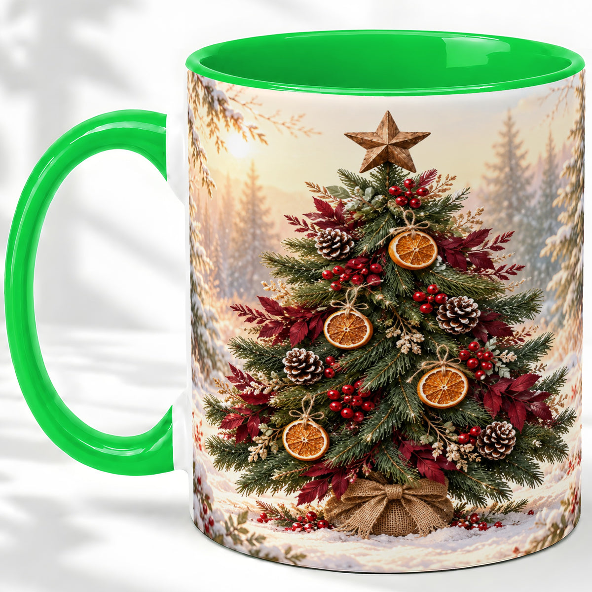 #pl[11oz|Green] Rustic Christmas Tree Accent Ceramic Mug, Orange Pinecone Art