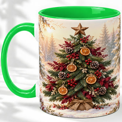 #pl[11oz|Green] Rustic Christmas Tree Accent Ceramic Mug, Orange Pinecone Art